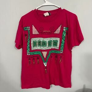 Vintage Topson Downs Geometric Aztec Inspired Bright Tee Shirt Size Medium 80s